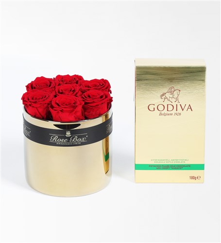 Rose Box Gold Camda Kırmızı Solmayan Güller X Godiva Çıdır Kadayıflı, Dolgulu Antep Fıstıklı Çikolata Hediye Seti